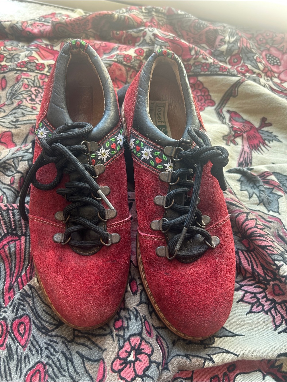 Josef Seibel Women's Red Suede Lace-Up Shoes with Floral Trim